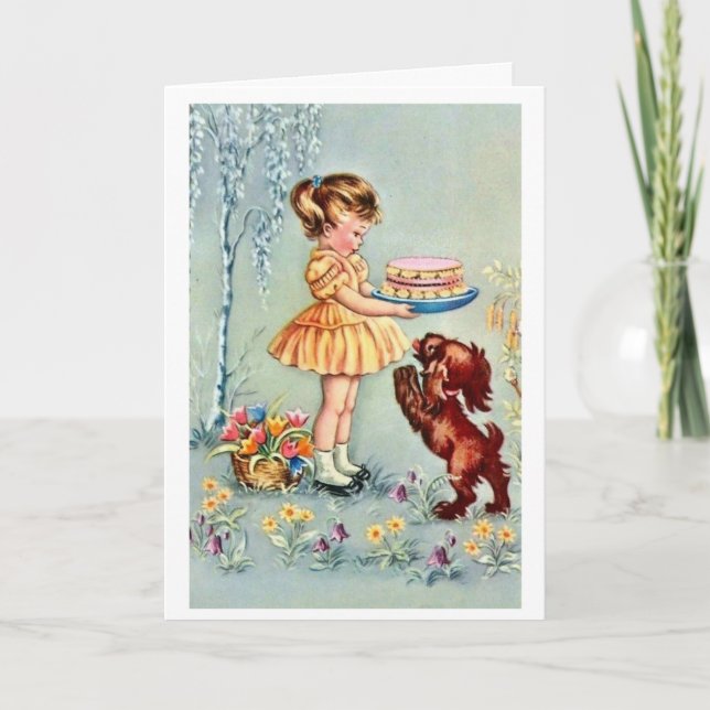 Tarjeta Vintage Happy Birday Little Girl With Cake (Anverso)