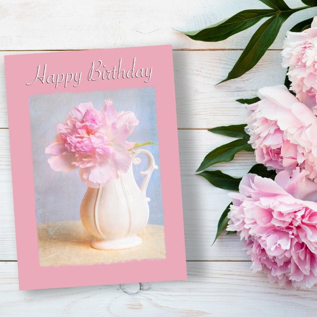 Tarjeta Vintage Happy Birday Pink Peony White Vase (Lovely Peony Birthday Card For Family and Friends.)