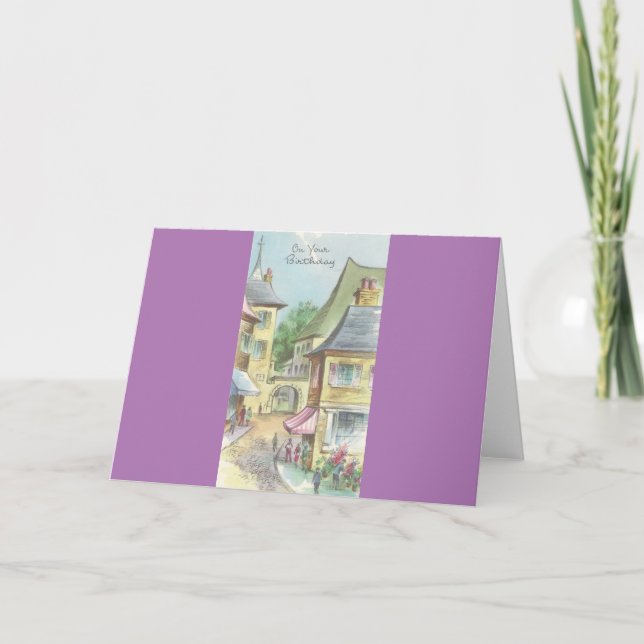 Tarjeta Vintage Happy Birday With Village (Anverso)