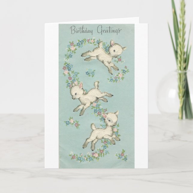 Tarjeta Vintage Happy Birthday Lambs (Anverso)