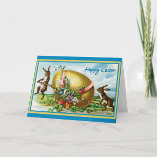 Tarjeta Vintage Happy Easter Bunny Rabbits Easter Eggs