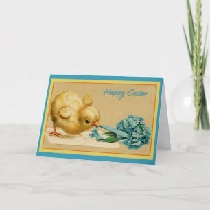 Tarjeta Vintage Happy Easter Chick con Flores Azules