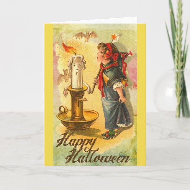 Tarjeta Vintage Happy Halloween Chica con velas (Anverso)