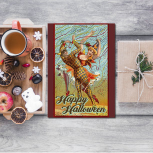 Tarjeta Vintage Happy Halloween Dancing in Jester