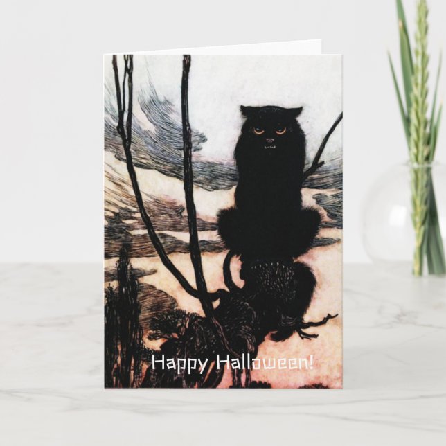 Tarjeta Vintage Happy Halloween Spooky Cat Arthur Rackham (Anverso)