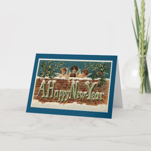 Tarjeta Vintage Happy New Year Angels (Anverso)