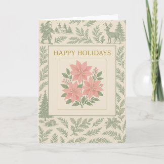 Tarjeta Vintage Holiday Card with Pink Poinsettias & Woodl