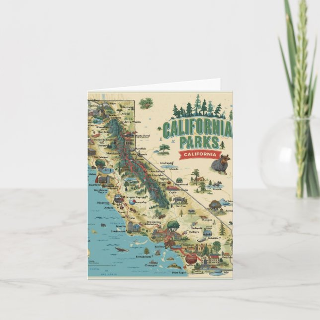 Tarjeta Vintage Illustrated California Parks Map Art (Anverso)