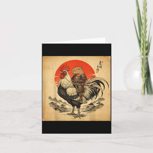 Tarjeta Vintage Japanese Samurai Capybara Rooster Chicken  (Anverso)