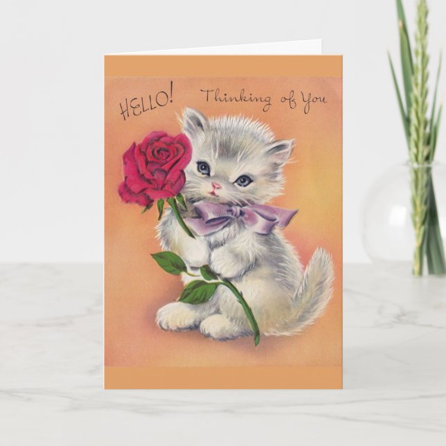 Tarjeta Vintage - Kitten ofrece un Rosa, (Anverso)