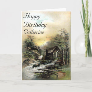 Tarjeta Vintage Landscape Watermill Birday Card