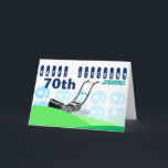 Tarjeta Vintage Lawnmower 70th Birthday Greeting Card<br><div class="desc">Vintage illustration of lawn mower in an abstract landscape with green hills. Various styles of lettering. Big numbers in background (65,  66,  67,  68,  and 69)   70th. Birthday Greeting card. Matching products: birthday pillow,  birthday banner... </div>