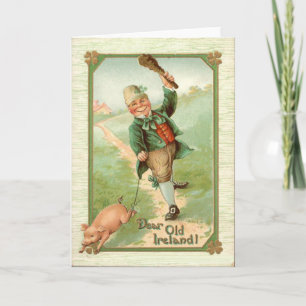 Tarjeta Vintage Leprechaun Pig Shillelagh Día de San Patri