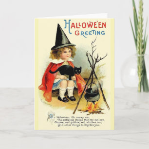 Tarjeta Vintage Little Witch and Black Cat Halloween Card