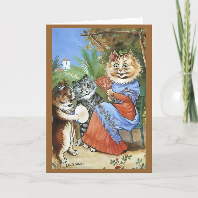 Tarjeta Vintage Louis Wain Tambourine Cat Card (Anverso)