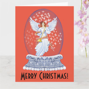 Tarjeta Vintage Merry Christmas Angel Sparkling Snowglobe