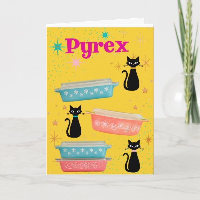 Tarjeta Vintage Mod Cats y Retro Pyrex (Anverso)