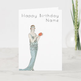 Tarjeta Vintage Mujer Vestida Barbier Art Deco Cumpleaños