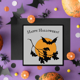 Tarjeta Vintage Naranja de Halloween Moon Flying Bats
