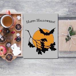 Tarjeta Vintage Naranja de Halloween Moon Flying Bats