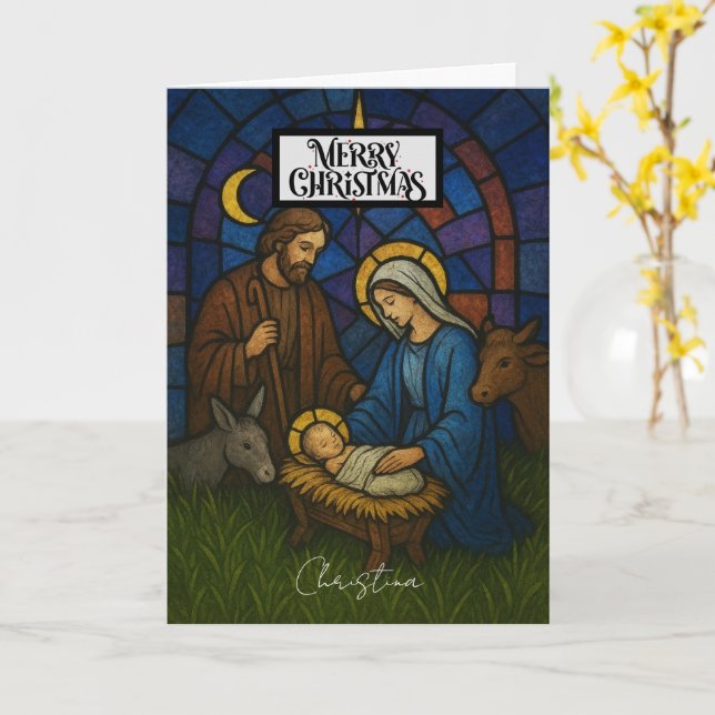 Tarjeta Vintage Nativity Scene Feliz Navidad (flor amarilla)