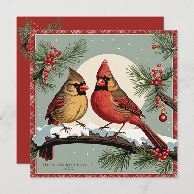 Tarjeta Vintage Navidad Cardinal Birds Red Holiday Flat (Anverso / Reverso)
