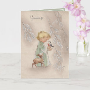 Tarjeta Vintage Navidad Rubia Bebé Pájaro Cordero