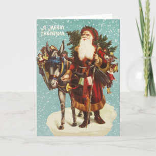 Tarjeta Vintage Navidad Santa con árbol de burro y juguete