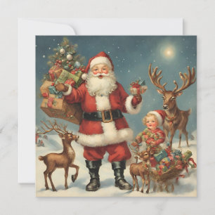 Tarjeta Vintage Navidad Santa con renos y regalos