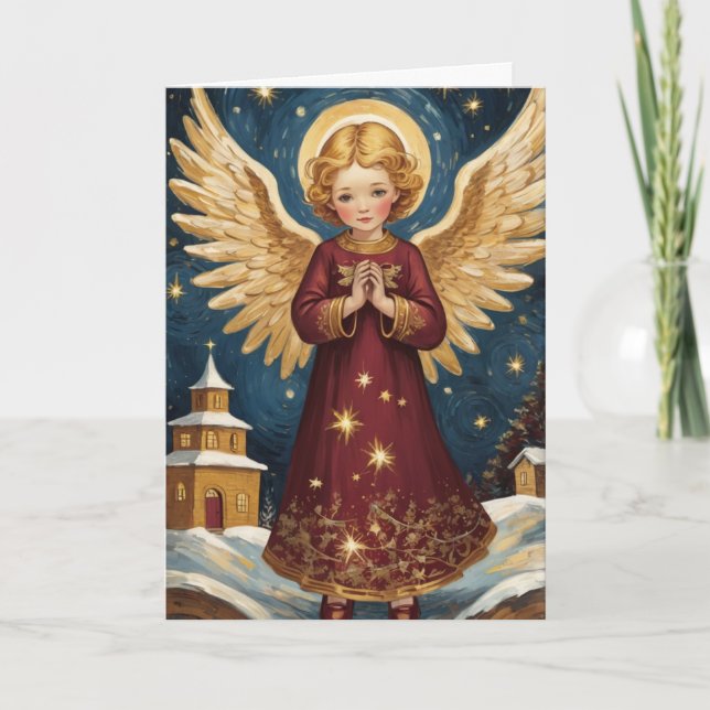 Tarjeta Vintage Navidades victorianos Angel Starry Night (Anverso)