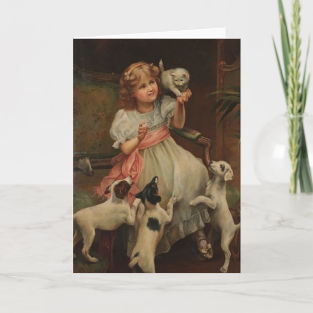 Tarjeta Vintage - niña y sus mascotas, (Anverso)