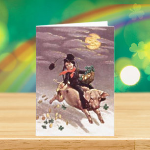 Tarjeta Vintage niño del Día de San Patricio montando un c