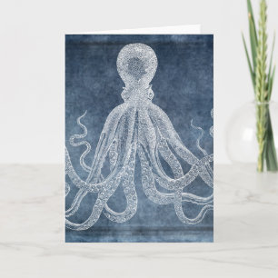 Tarjeta Vintage Octopus Twilight Blue Denim Watercolor