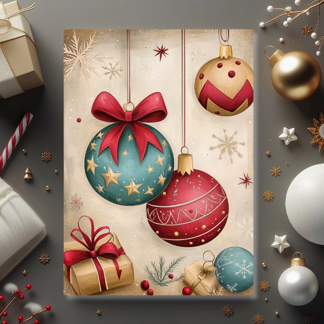 Tarjeta Vintage Ornament Treasure  (Vintage ornaments and bows create a timeless Christmas greeting card)