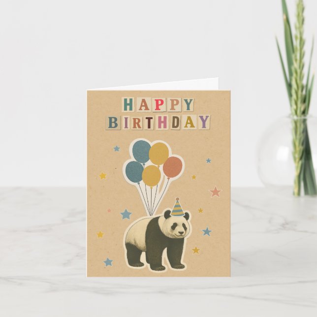 Tarjeta Vintage Panda Birthday Card con globos (Anverso)