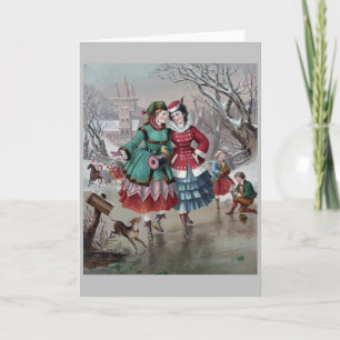 Tarjeta Vintage - Patinaje sobre hielo en un estanque,