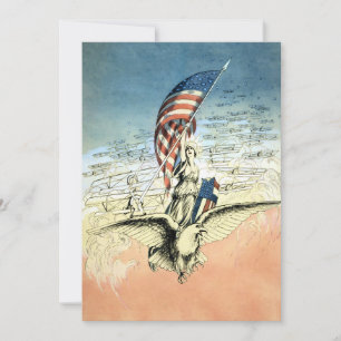 Tarjeta Vintage Patriótico, Dama, Águila con bandera ameri