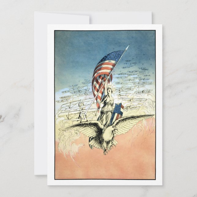 Tarjeta Vintage Patriótico, Dama, Águila con Bandera Ameri (Anverso)