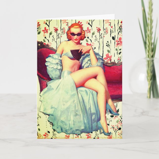 Tarjeta Vintage pin up chica pelirroja (Anverso)