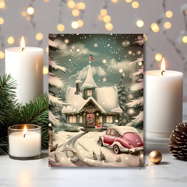 Tarjeta Vintage Pink Car & Snowy Cottage Holiday (A vintage holiday scene with a pink car and cozy cottage charm)
