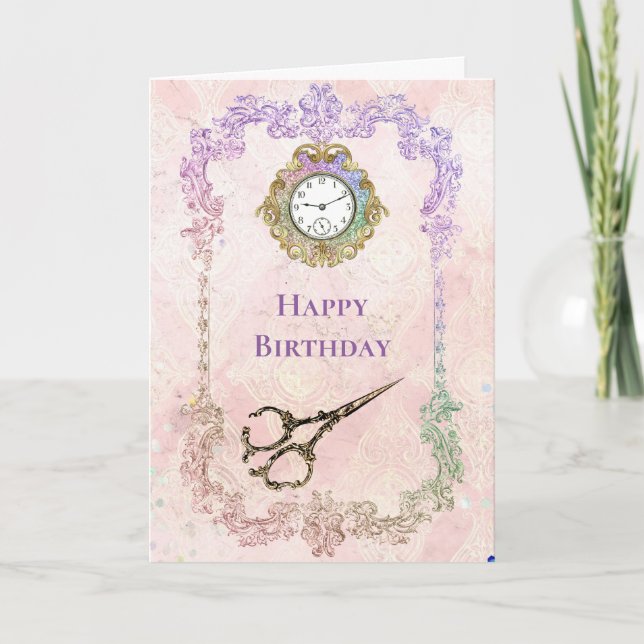 Tarjeta Vintage Pink Gold Scissors Glam Cumpleaños (Anverso)