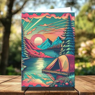 Tarjeta Vintage Pink y Verde azulado Camping Cumpleaños te