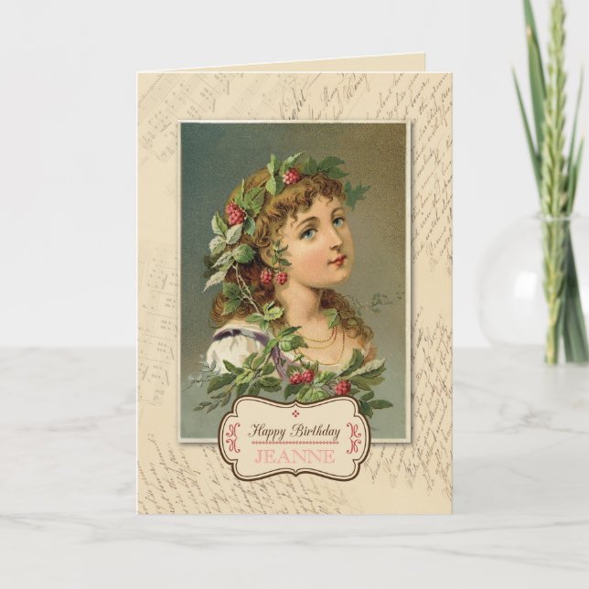 Tarjeta Vintage Raspberry Chica Birday (Anverso)