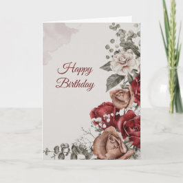 Tarjeta Vintage Red Bronze White Roses Floral Cumpleaños