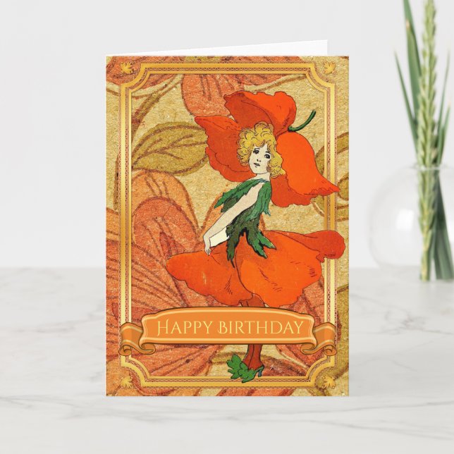 Tarjeta Vintage Red Flower Fairy Happy Birday Card (Anverso)