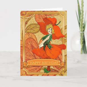 Tarjeta Vintage Red Flower Fairy Happy Birday Card