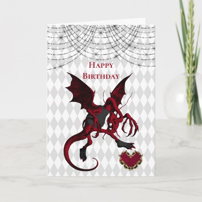 Tarjeta Vintage Red Jabberwocky Dragon Birday (Anverso)