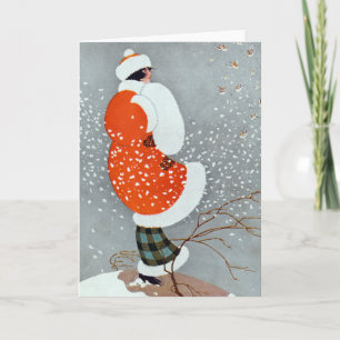 Tarjeta Vintage retro invierno mujer nieve gris rojo blanc