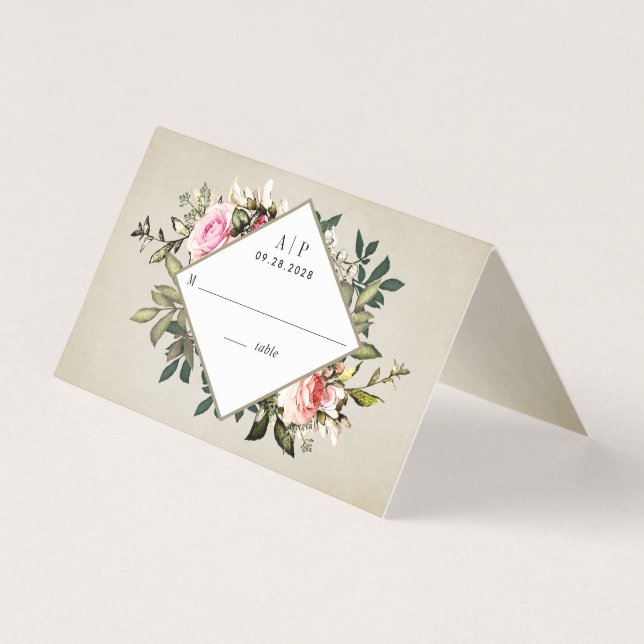 Tarjeta Vintage Rosa Greenery Boda Tent Place Cards (Anverso)