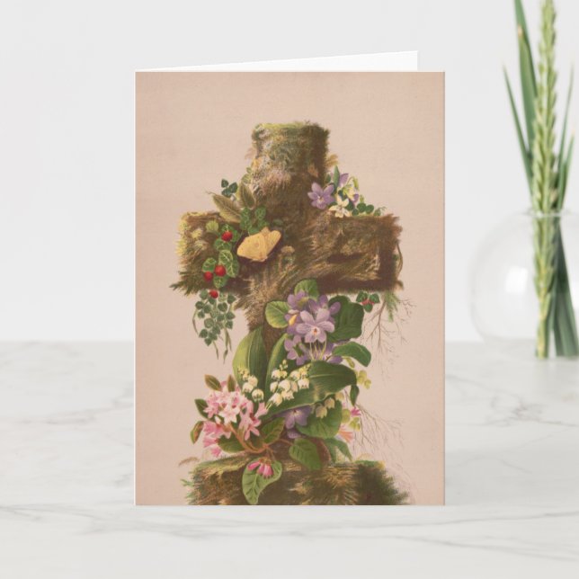 Tarjeta Vintage Rustic Floral Cross, Easter Card, (Anverso)